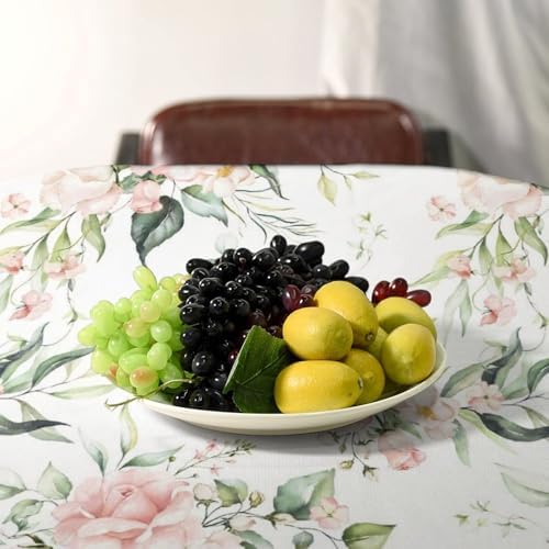 Pink Flowers Tablecloth, Watercolor Sage Green Eucalyptus Leaves Branches Floral Print Table Cloth for Picnic Party Dining Room Home Decor 60x90in