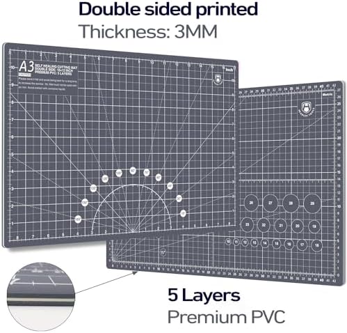 Headley Tools 18"x12" Thickened Self Healing Cutting Mat, A3 Rotary Cutting Sewing Mat for Crafts, Double Sided 5-Ply Table Cutting Board for Fabric Quilting Leather Arts Hobby Project, Grey