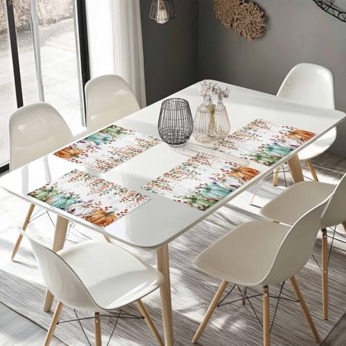 Fall Thanksgiving Placemat, Autumn Pumpkins Eucalyptus Leaves Heat Resistant Washable Dining Table Mats Fall Holiday Farmhouse Decor for Kitchen&Linens Outdoor Indoor, Blue Sage Green Orange
