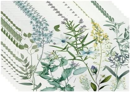 Batmerry Summer Green Sage Linen Placemats Set of 8, Vintage Plant Leaves Elegant Blue Wild Flowers Washable Table Mats for Kitchen Table Thickened Heat Insulation Dining Set Indoor Outdoor 12X18 in