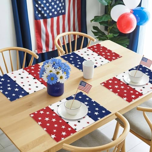 July 4th Placemats Set of 4- Red White Blue Heat Resistant Placemat Washable Cotton Linen Summer Table Mats Independence Day Party Holiday Decorations for Home Kitchen Dining Table Outdoor Indoor