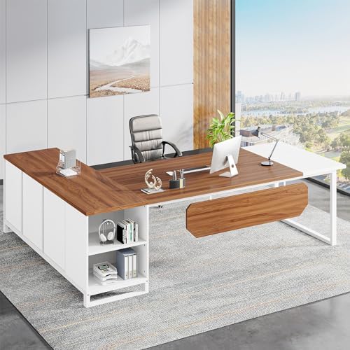 Tribesigns 70.8" L-Shaped Executive Desk with 55" File Cabinet, Large Home Office Computer Desk with Storage Shelves and Cabinet, Modern Business Furniture Set Home Office, Walnut White