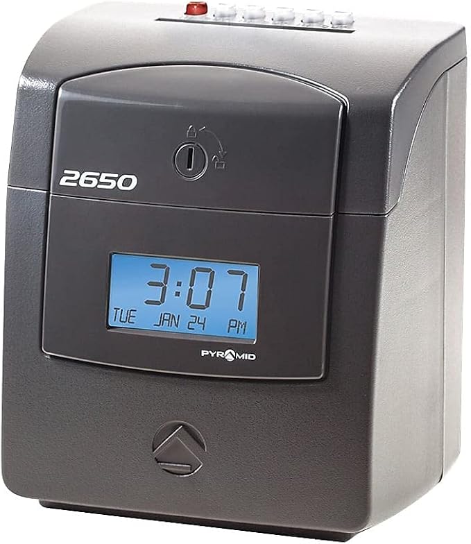 Pyramid Time Systems - 2650 Pro Auto Aligning Time Clock - Charcoal | Bundle Includes 25 Time Cards, Ribbon and 2 Security Keys (5"h x 7.25"w x 8.5"d)