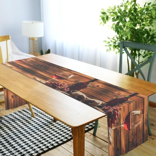 ALAZA Double-Sided Red Wine Glass and Grape in Basket in Wooden Table Runner 14x108 Inches Long,Table Cloth Runner for Wedding Birthday Party Kitchen Dining Home Everyday Decor
