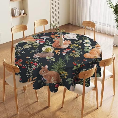 Watercolor Forest Tablecloth, Rustic Woodland Animals Squirrel Rabbit Fox Wild Flower Mushroom Leaves Print Table Cloth Cover for Kitchen Dining Indoor Outdoor Decor, 60x60in