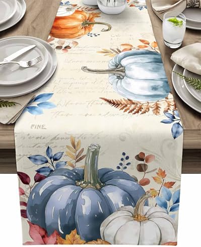 Fall Pumpkin Table Runner Dresser Scarf 13 x 48 Inch Blue Orange Maple Leaf Rustic Table Runners Non-Slip Heat Resistant Kitchen Dining Table Decor for Autumn Thanksgiving Holidays Indoor Outdoor
