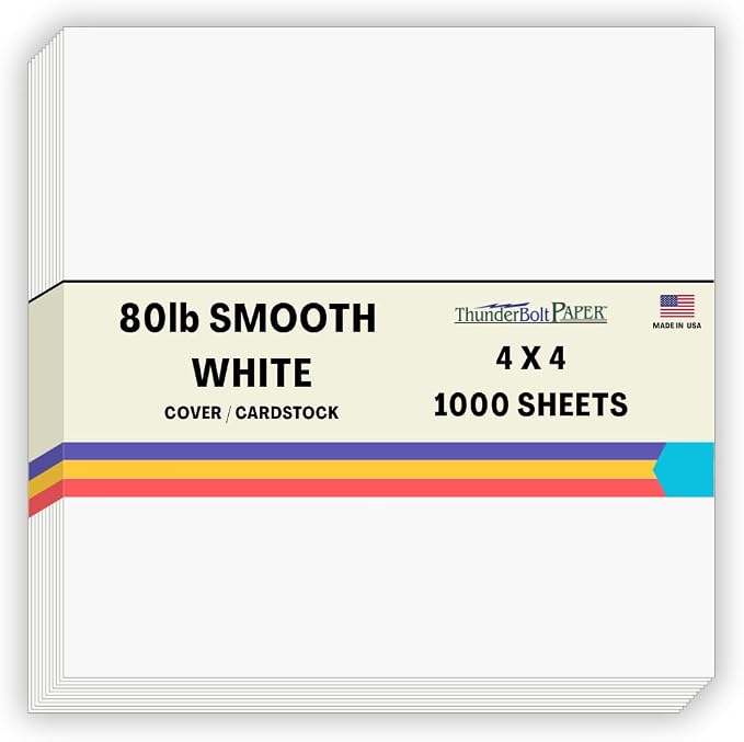 1000 Bright White Smooth 80# Card Paper Sheets - 4" X 4" (4X4 Inches) Small Square Card Size - 80 lb/Pound Cover Weight - Quality Stock - Print Consistency - Smooth Finish