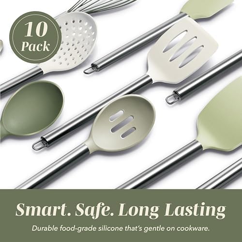 COOK WITH COLOR Silicone Cooking Utensils, Kitchen Utensil Set, Easy to Clean Silicone Kitchen Utensils, Cooking Utensils for Nonstick Cookware, Kitchen Gadgets Set, 10 Pieces, Green
