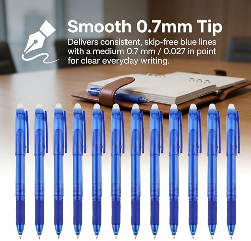 Volcanics Blue Erasable Gel Pens, 0.7mm Fine Point, 12 Pack | Capped Smooth Pencil-Like Precision Writing Pens For School, Office, Note Taking And Everyday Planning