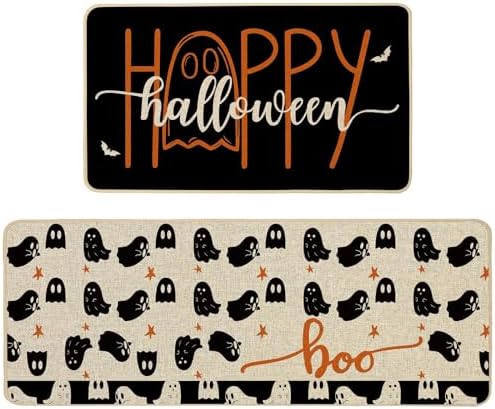 Baccessor Happy Halloween Kitchen Mats Set of 2, Spooky Ghost Kitchen Rugs for Floor Low-Profile Farmhouse Halloween Party Home Kitchen Decor 17x29 and 17x47 Inch