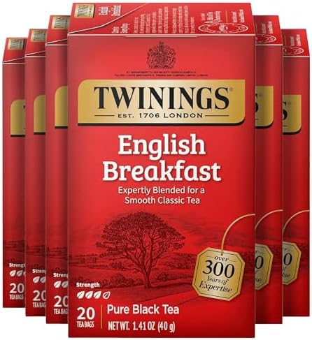 Twinings English Breakfast Black Tea Individually Wrapped Bags, 20 Count (Pack of 6), Flavourful, Robust, Caffeinated, Enjoy Hot or Iced, 120 Teabags