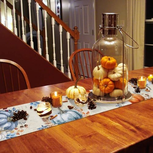 Fall Pumpkin Table Runner Dresser Scarf 13 x 60 Inch Blue Orange Maple Leaf Rustic Table Runners Non-Slip Heat Resistant Kitchen Dining Table Decor for Autumn Thanksgiving Holidays Indoor Outdoor