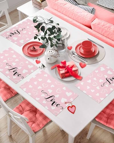Pink Valentine's Day Placemats Set of 4, Valentines Love Heart Heat Resistant Washable Table Place Mats Cotton Table Linens Party Holiday Decorations for Home Kitchen Dining Table Outdoor Indoor,