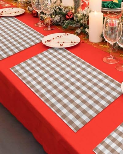 Rustic Brown White Buffalo Check Plaid Pattern Placemats Set of 4, Farmhouse Heat Resistant Washable Table Place Mats Cotton Table Linens Party Holiday Decor for Kitchen Dining Outdoor Indoor