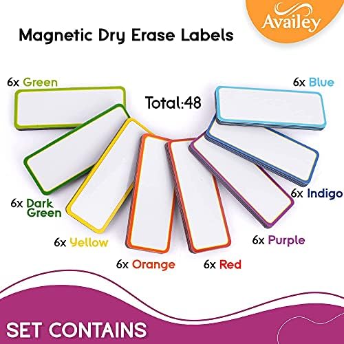 Availey 48 Pieces (3.2 x 1.2) - Colored Border Magnetic Dry Erase Labels - Reusable Strips for Classroom Home Office Garage Refrigerator Blank Writable Erasable Cards Name Tags Students Locker Shelf