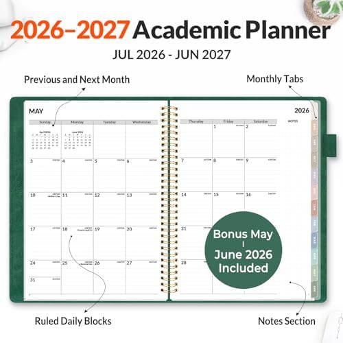 SUNEE 2026-2027 Weekly & Monthly Planner 9"x11.2" - 12 Month (July 2026 - June 2027), Vegan Leather Cover Planner Academic Year Calendar, Pocket, Notes, Monthly Tab, Deep Green