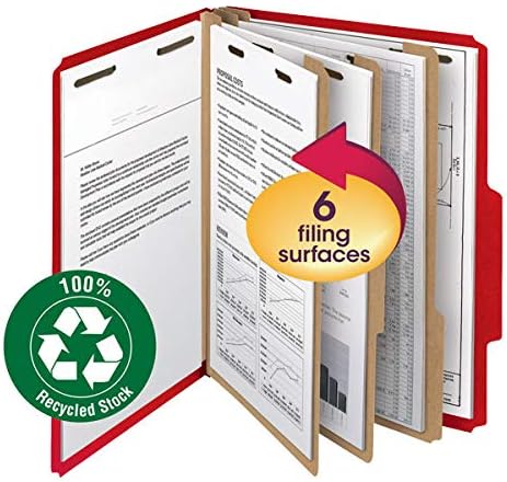 Smead Value Filing 100% Recycled Pressboard Classification File Folder, 2 Dividers, 2" Expansion, Letter Size, Bright Red, 10 per Box
