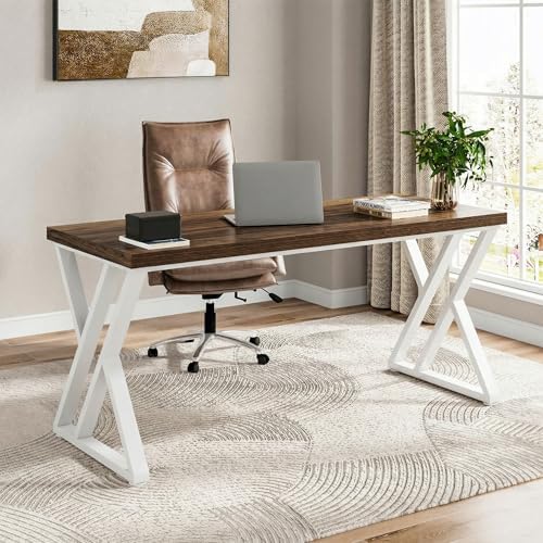 Tribesigns Modern Walnut/White 55" Heavy Duty Computer Desk, Study & Work Desk, 23.6"D x 55.1"W x 29.5"H, Z-Shaped Metal Legs, 330 lbs Capacity