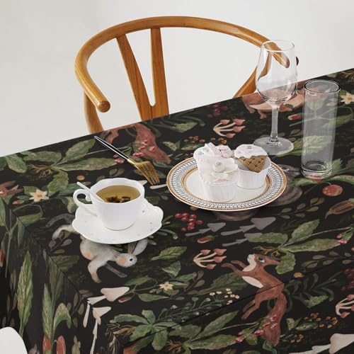 Cartoon Woodland Tablecloth, Watercolor Rustic Forest Wild Animals Bunny Rabbit Squirrel Mushroom Plants Print Table Cloth for Indoor Outdoor Dining Table Party Picnic Decor 60x90in
