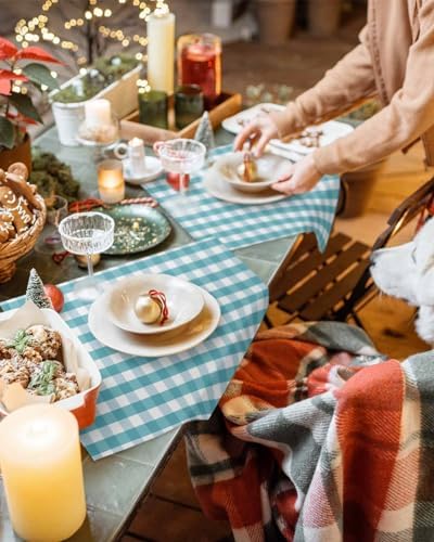 Rustic Teal White Buffalo Check Plaid Pattern Placemats Set of 4, Farmhouse Heat Resistant Washable Table Place Mats Cotton Table Linens Party Holiday Decor for Kitchen Dining Outdoor Indoor
