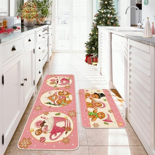 JarThenaAMCS Christmas Kitchen Mats Set of 2 Pink Gingerbread Man Non-Slip Floor Mat Xmas Decorative Rugs for Bathroom Kitchen, 17 x 29 Inch & 17 x 47 Inch