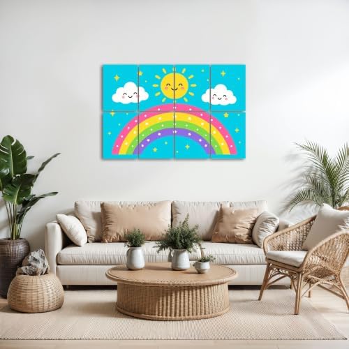 8 Pack Art Acoustic Panels Sound Absorbing Cute Rainbow Smiling Sun Clouds Stars Blue Decorative Soundproof Wall Panels Self Adhesive for Home Recording Studios 48"x32"