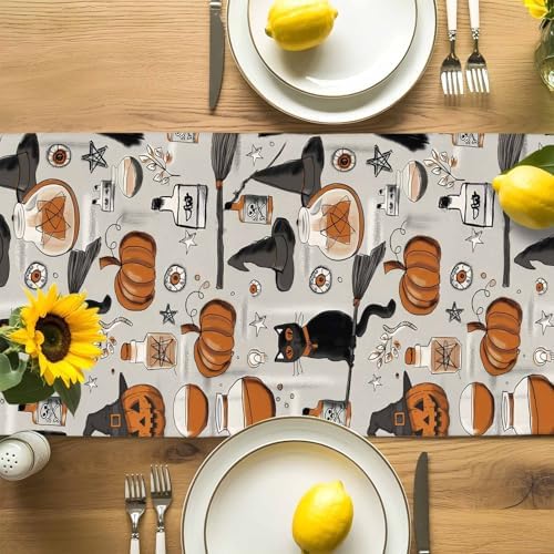 Vintage Style Table Runner Dresser Scarf 13 x 108 Inch Halloween Black Cat Orange Pumpkin Witch Hat Table Runners Non-Slip Heat Resistant Kitchen Dining Table Decor for Home Holidays Indoor Outdoor