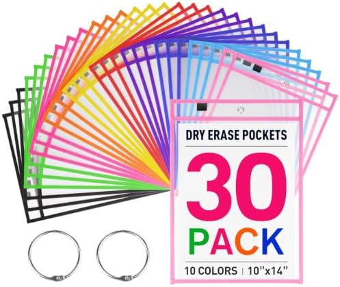 MR.MATE 30Pcs Dry Erase Pockets Sleeve 10x14,Clear Plastic Sheet Protectors