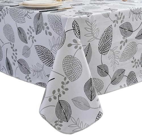LIBERECOO Monochrome Leaf Whisper Vinyl Tablecloth with Flannel Backing – Elegant Black & White Leaf Design – Waterproof, Durable, Lightweight