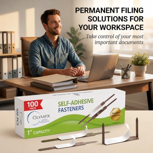 OLYMPX 100 Pcs of 1” Capacity Premium Self Adhesive Prong Paper Fastener Bases, 2.75 Inch Center for Paper File Clip Folder Accessories, 100 per Box