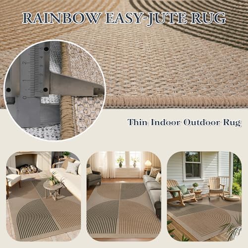Lahome Modern Rainbow Easy Jute Rug, Washable 5x7 Area Rugs for Living Room Black Farmhouse Dining Room Rug, Contemporary Natural Throw Mat Non Slip Floor Carpet for Office RV Patio