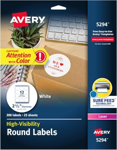 Avery Round Printable Labels, 2.5" Diameter, Matte White, Sure Feed Technology, Laser & Inkjet Compatible, 300 Blank Labels, Great for Branding, Packages, School Supplies,and More (5294) (Pack of 10)