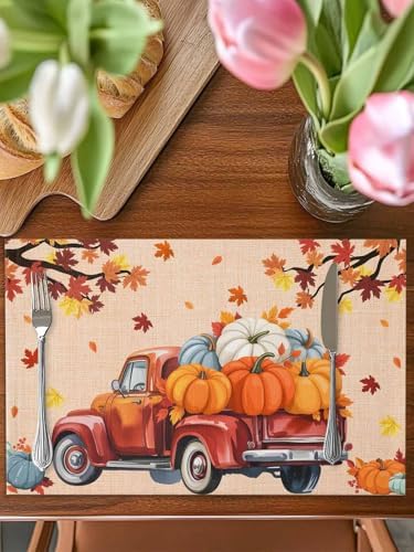 Fall Placemats Set of 6,Cotton Linen Heat Insulation Thanksgiving Harvest Pumpkin Farmhouse Truck Placemat for Holiday Banquet Dining Kitchen Table Decor