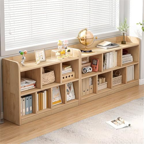 Unfinished Color Pine Book Rack 2/3/4-Tier Storage Solid Wood Cabinet, Pine Wood Storage Shelving Unit 8-Compartment Square Grid Cabinet Low Bookshelf Natural Finish 63" L x 9.4" W x 31.5" H