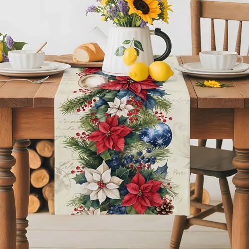 Christmas Poinsettia Table Runner Dresser Scarf 13 x 60 Inch Red Flower Holly Berries Xmas Ball Beige Table Runners Non-Slip Heat Resistant Kitchen Dining Table Decor for Home Holidays Indoor Outdoor