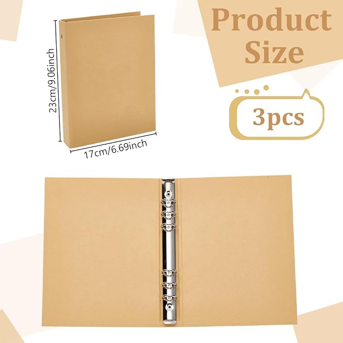 WEBEEDY 3 Pcs A5 Kraft Paper Hardcover 6 Ring Binders, Refillable Planner Journal Notebook Cover Protector for A5 Inserted Sheets Office Meeting Travel Stationery Supplies,6.7 x 9.1 inch / 17 x 23 cm