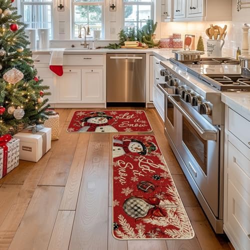 Artoid Mode Snowman Let It Snow Snowflake Christmas Kitchen Mats Set of 2, Winter Home Decor Low-Profile Kitchen Rugs for Floor - 17x29 and 17x47 Inch