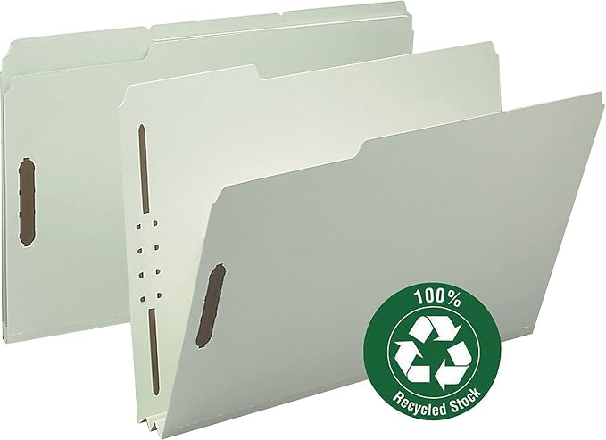 Smead Pressboard Fastener File Folder, 2 Fasteners, 1/3-Cut Tab, 2" Expansion, Legal Size, Gray/Green, 25 per Box (20004)