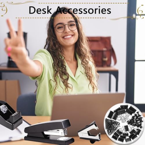 Office Supplies,Black Desk Accessories,Stapler and Tape Dispenser Set for Women with Stapler,Tape Dispenser,Staple Remover,Staples,Clips,Scissors and Tabs,Gift for Students,Coworkers,Teacher,Business