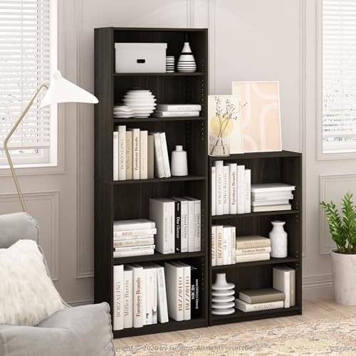 Furinno JAYA Book Shelf, 5-Tier Bookshelf, Bookcase with Adjustable Shelves, 9.5" x 24.5" x 71.2", for Organization and Storage, for Living Room, Bedroom, Home Office, Espresso