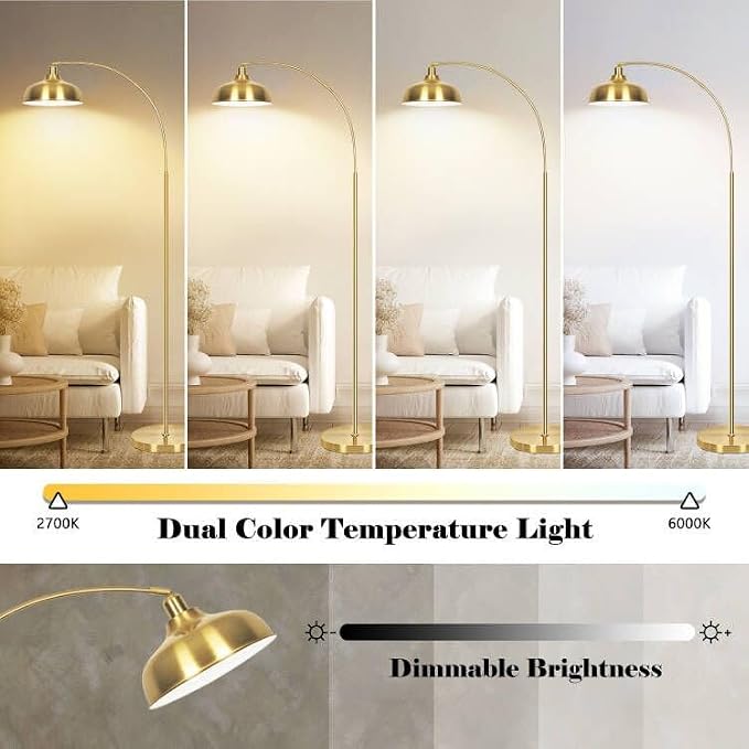 Gold Floor Lamps for Living Room- Arc Floor Lamps over Coach Lamp 70” | Dimmable Floor Lam with 9W Bulb, 360° Adjustable Metal Shade, Remote Control, Gold Mid Century Modern Floor Lamp for Bedroom