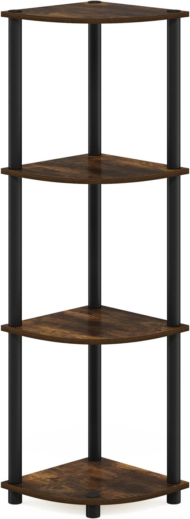 Furinno TURN-N-TUBE Corner Shelf, 4-Tier Corner Bookshelf, Display Storage Shelves with Open Shelves, for Organization and Storage, Living Room, Home Office, Garage, Amber Pine