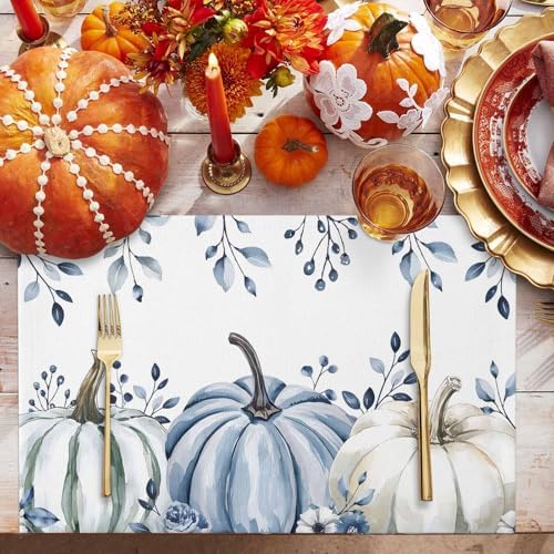 Fall Placemats Set of 4, White Blue Pumpkin Place Mats Blue Eucalyptus Leaves Tablemats Harvest Thanksgiving Placemat Table Decoration for Kitchen Table Holiday Dinner Party Autumn Home Decor