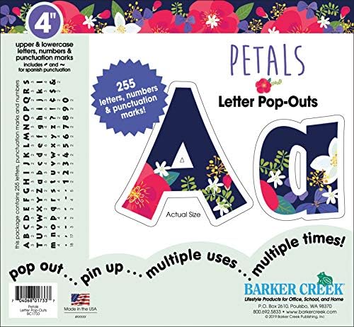 Barker Creek Letter Pop-Outs, 4" Petals, Multicolor Designer Letters for Bulletin Boards, Breakrooms, Reception Areas, Signs, Displays, And More! 4", 255 Characters per Set (1733)