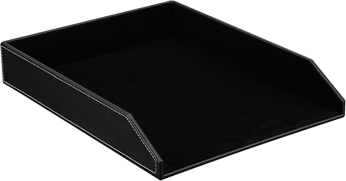 Letter Tray, PU Leather Paper Organizer Tray for Desk, Paper Organizer Storage Holder for Office Home or School A4 Size Black