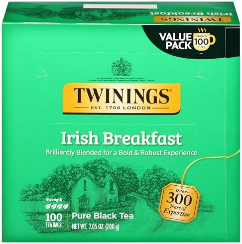 Twinings Irish Breakfast Black Tea Individually Wrapped Bags, 100 Count (Pack of 1), Flavourful, Bold, and Robust, Caffeinated, Enjoy Hot or Iced, 100 Teabags