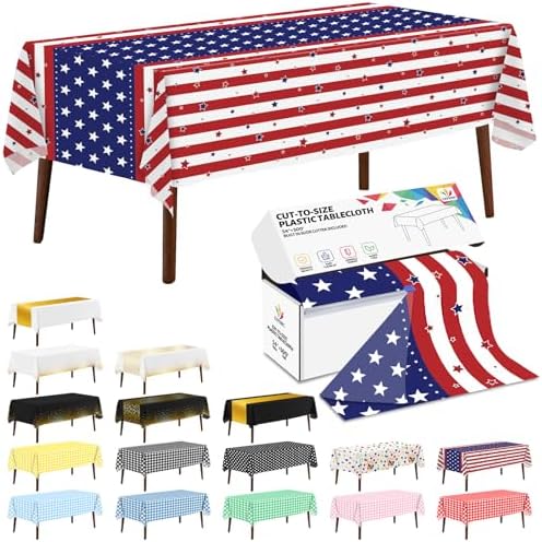 CXPSINC 54 Inch X 300 Feet 4th of July Patriotic Plastic Table Cover Roll Disposable American Flag Tablecloth with Slide Cutter for Veterans Day, Patriotic, Memorial, Fourth of July, Independence