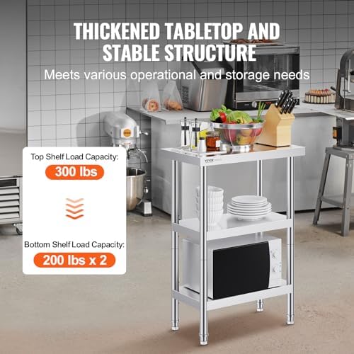 VEVOR Stainless Steel Food Prep Table, 14 x 24 x 34 Inch Commercial Food Prep Worktable Heavy Duty Prep Worktable, Metal Work Table with Adjustable Height for BBQ, Kitchen, Home, and Garage