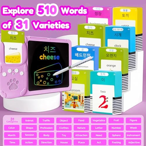 Writing Tablet with Bilingual Flash Cards for Kids, Korean, Pink