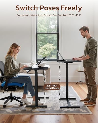 Simple Deluxe Standing Rolling Desk with Hidden Casters, Height Adjustable Pneumatic Mobile Laptop Desk, Tilting Bedside Table for Laptop, Overbed Bedside Table Hospital Home Use, Black